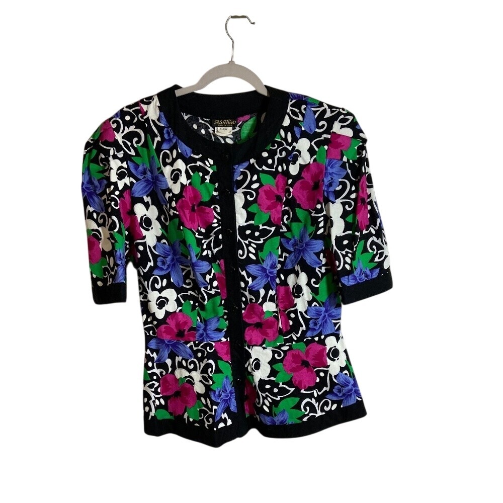 AS Elliot Vintage Floral Peplum Blouse 14W Black Pink Cotton Button‎ Front USA